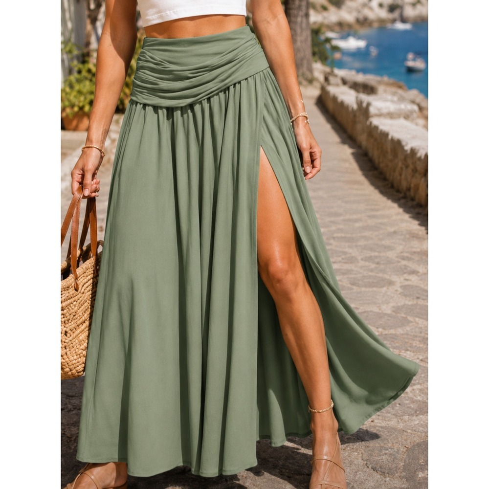 Happily Grey Woman Medium Maxi Skirt Stretch Elastic Waist Band Sage Slit Boho
